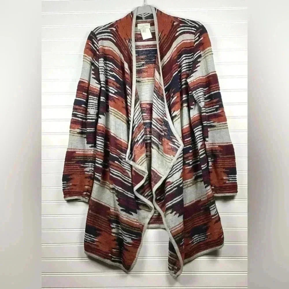 Lucky Brand Red Aztec Print Long Flyaway Open Cardigan Medium